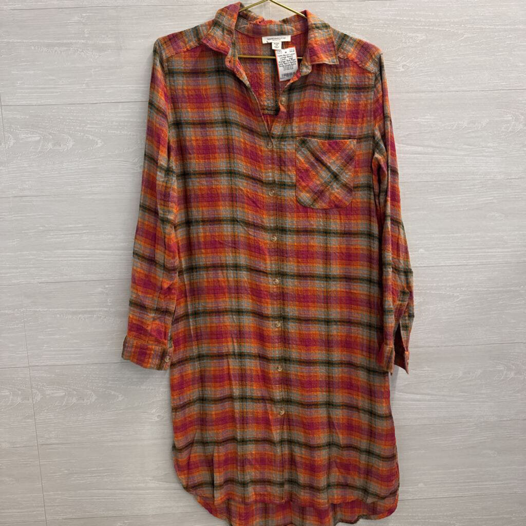 Beach Lunch Lounge Orange/ Multi Plaid Long Sleeve Button Down Dress Extra Small