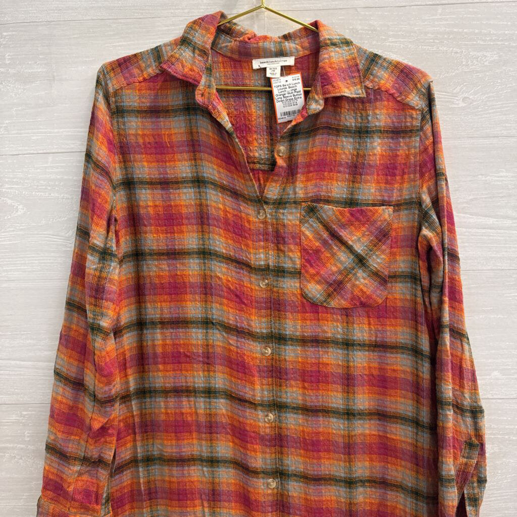 Beach Lunch Lounge Orange/ Multi Plaid Long Sleeve Button Down Dress Extra Small