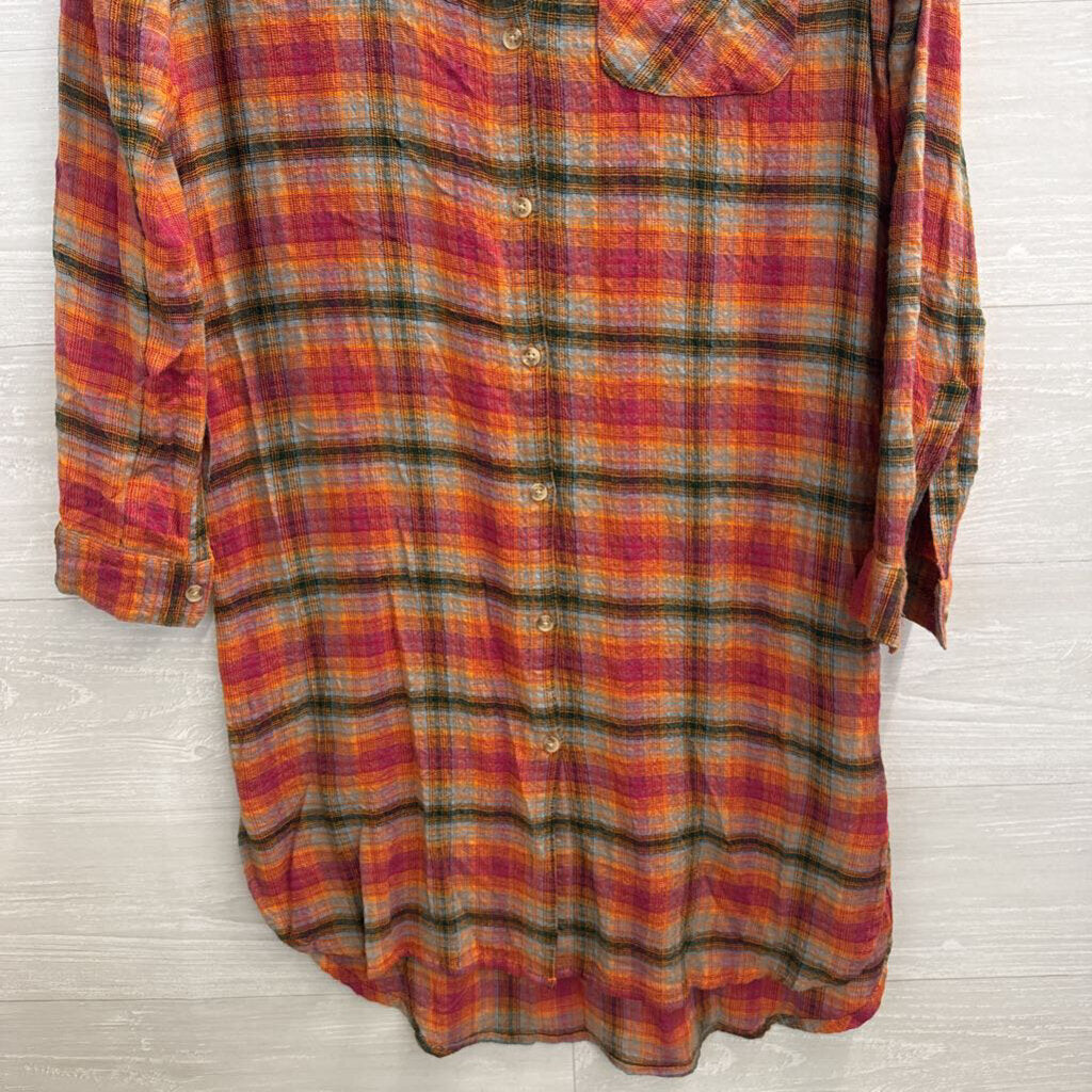 Beach Lunch Lounge Orange/ Multi Plaid Long Sleeve Button Down Dress Extra Small