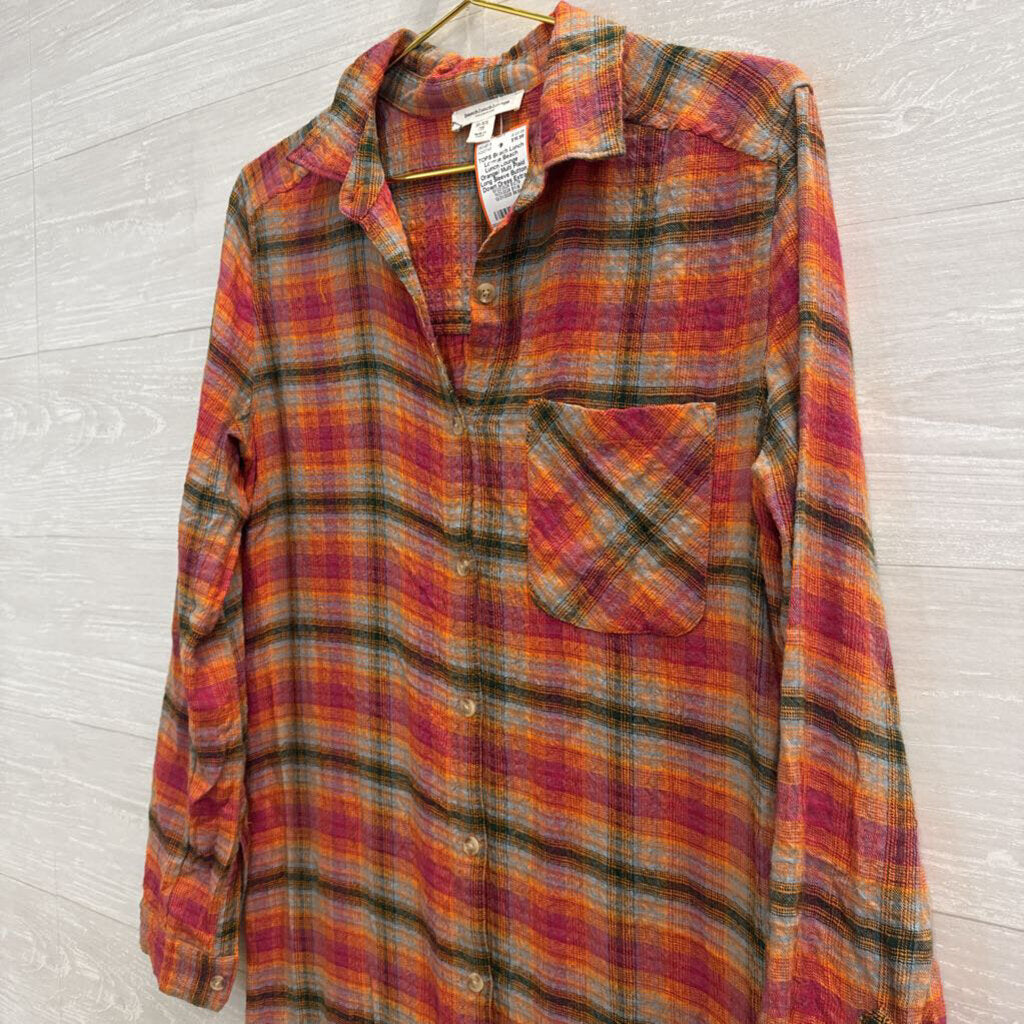 Beach Lunch Lounge Orange/ Multi Plaid Long Sleeve Button Down Dress Extra Small