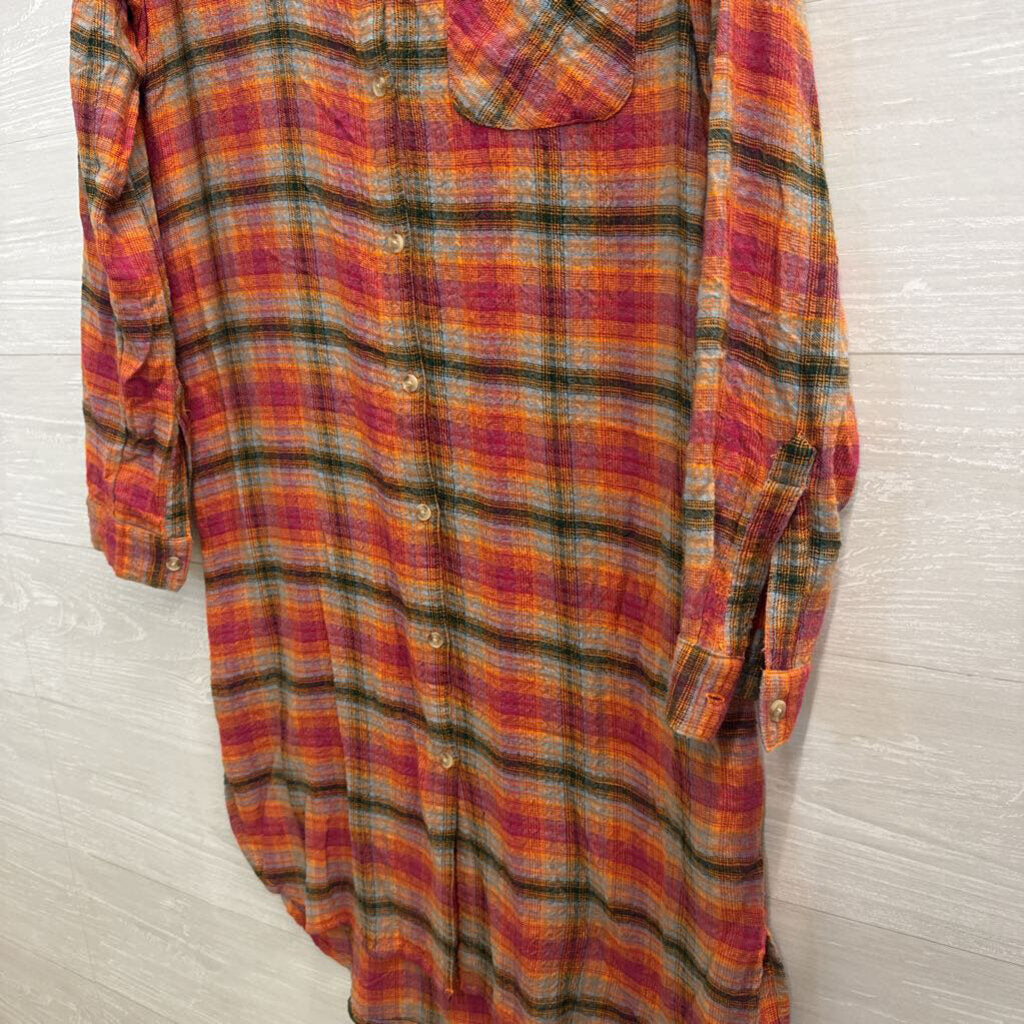 Beach Lunch Lounge Orange/ Multi Plaid Long Sleeve Button Down Dress Extra Small