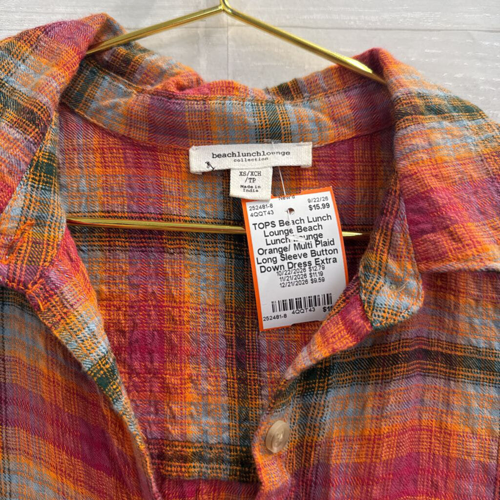 Beach Lunch Lounge Orange/ Multi Plaid Long Sleeve Button Down Dress Extra Small