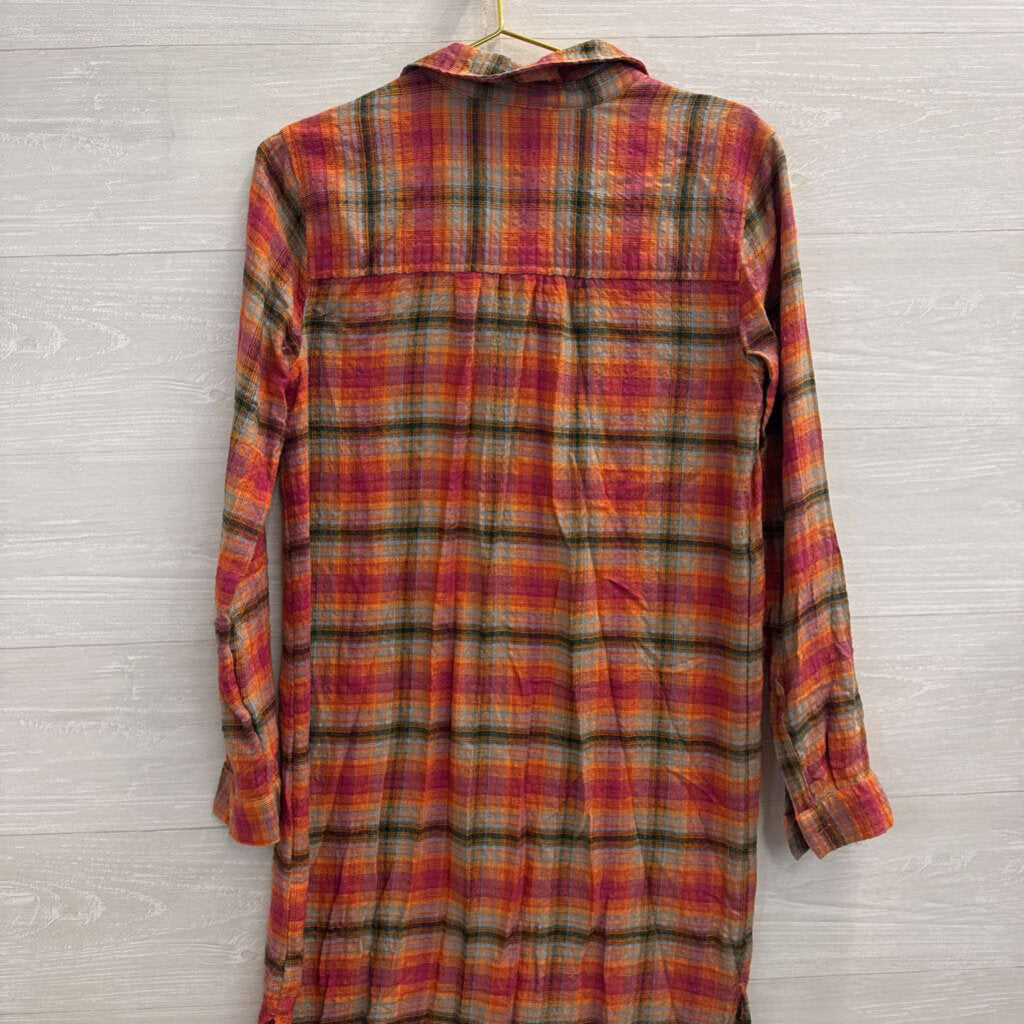 Beach Lunch Lounge Orange/ Multi Plaid Long Sleeve Button Down Dress Extra Small