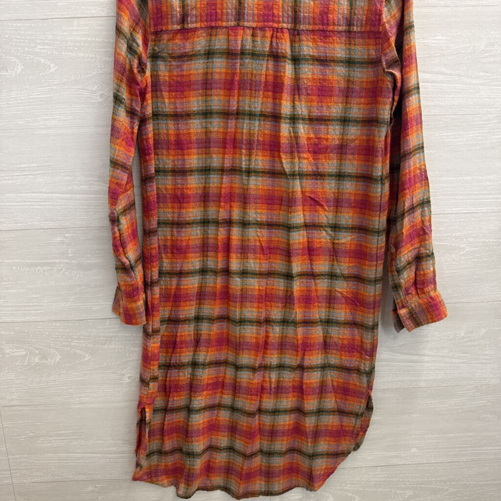 Beach Lunch Lounge Orange/ Multi Plaid Long Sleeve Button Down Dress Extra Small