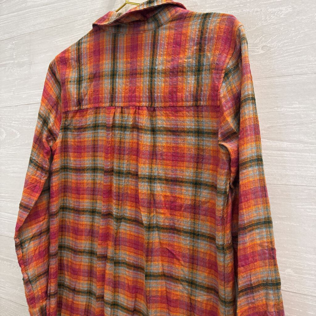 Beach Lunch Lounge Orange/ Multi Plaid Long Sleeve Button Down Dress Extra Small