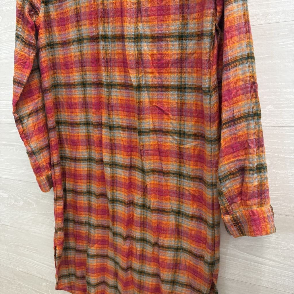 Beach Lunch Lounge Orange/ Multi Plaid Long Sleeve Button Down Dress Extra Small