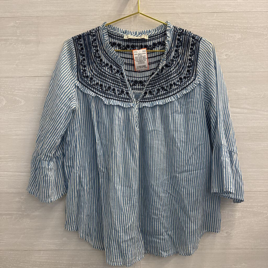 Abercrombie and Fitch White/ Blue Striped Embroidered Long Sleeve Top Small