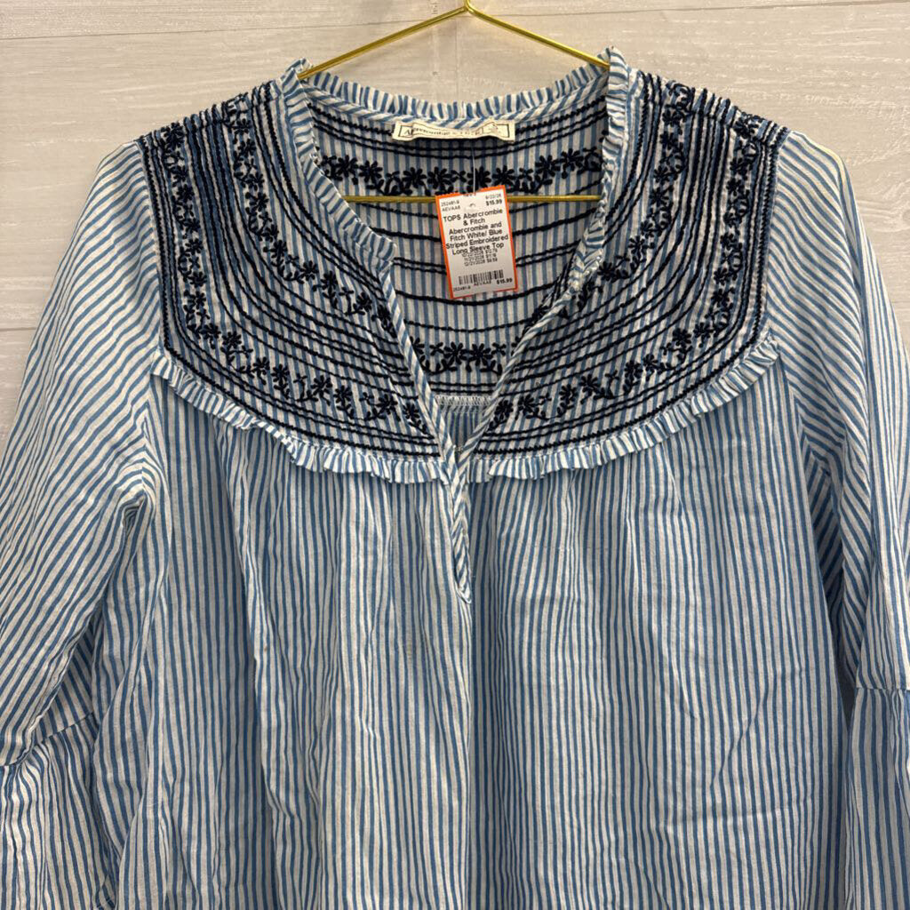 Abercrombie and Fitch White/ Blue Striped Embroidered Long Sleeve Top Small