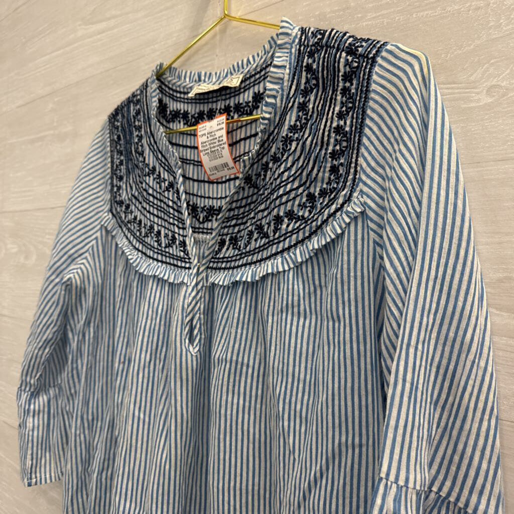 Abercrombie and Fitch White/ Blue Striped Embroidered Long Sleeve Top Small