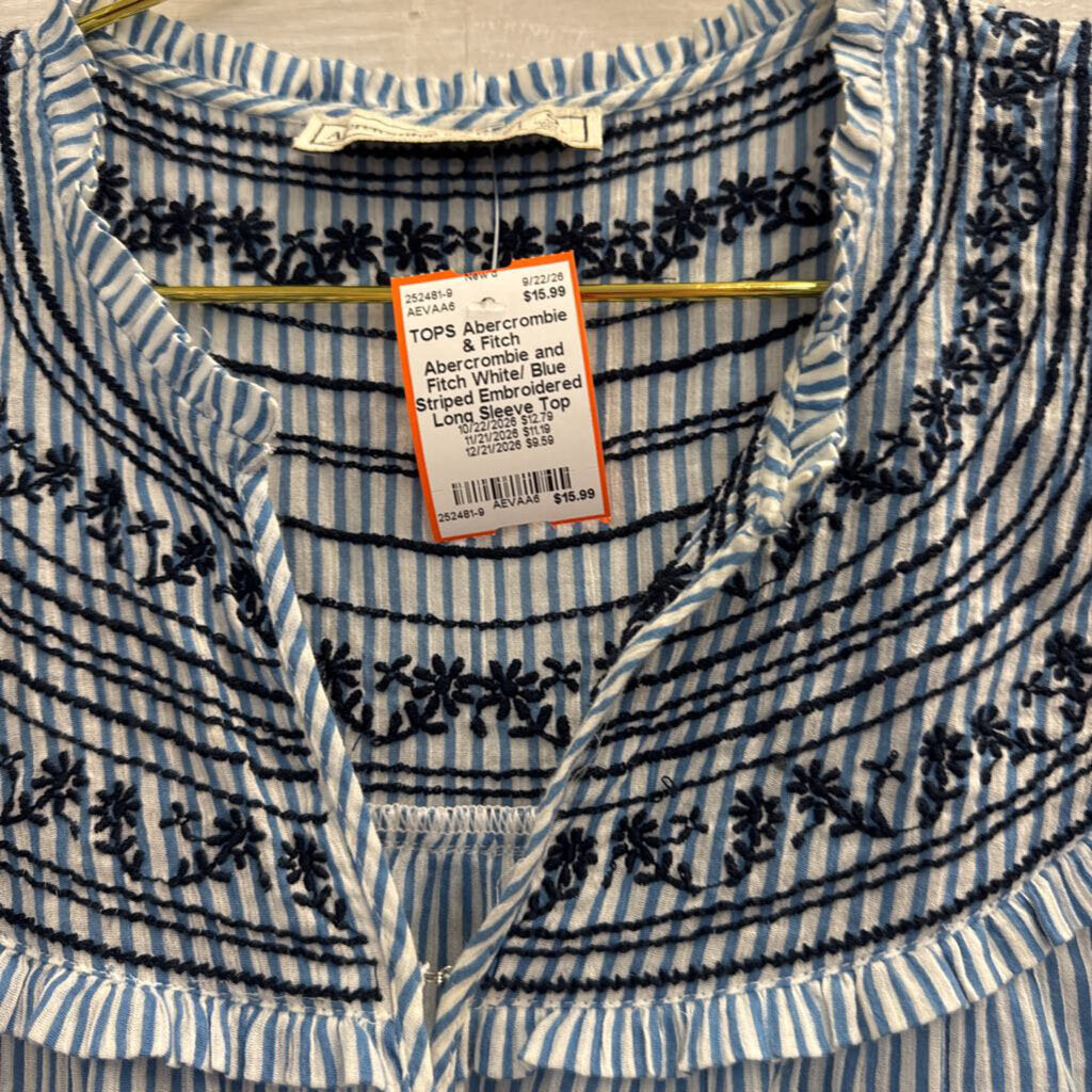 Abercrombie and Fitch White/ Blue Striped Embroidered Long Sleeve Top Small