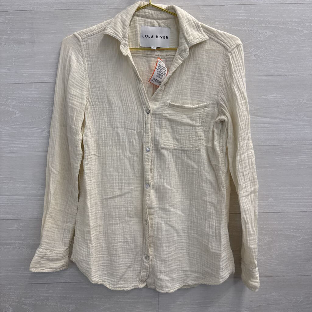 Lola River Cream Textured Long Sleeve Button Down Top Extra Small