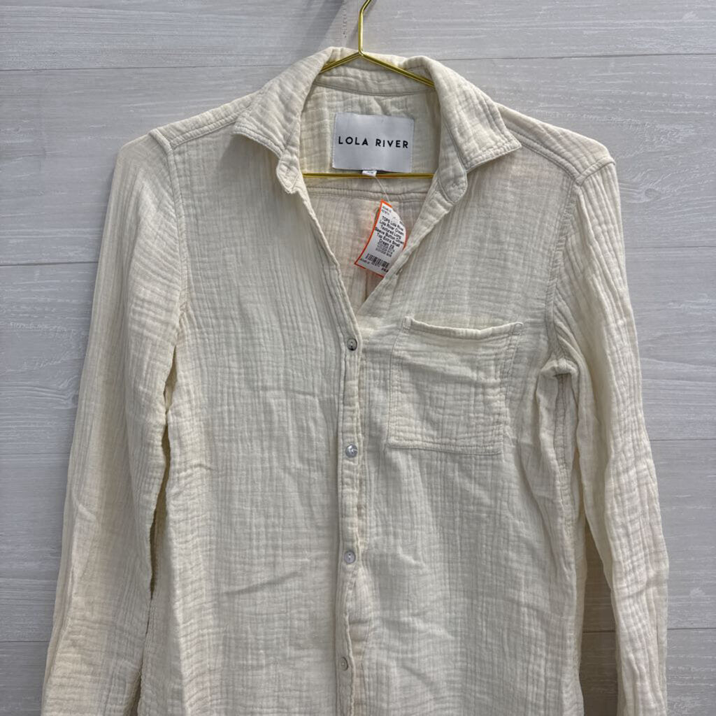 Lola River Cream Textured Long Sleeve Button Down Top Extra Small