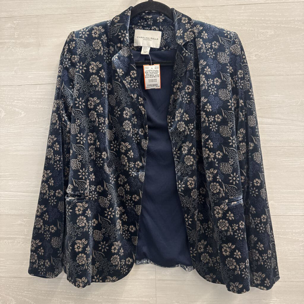 Carolina Belle Blue/ Grey Print Velvet Blazer Jacket Extra Small