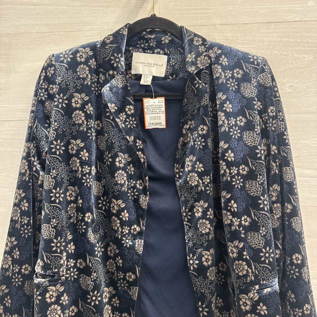 Carolina Belle Blue/ Grey Print Velvet Blazer Jacket Extra Small
