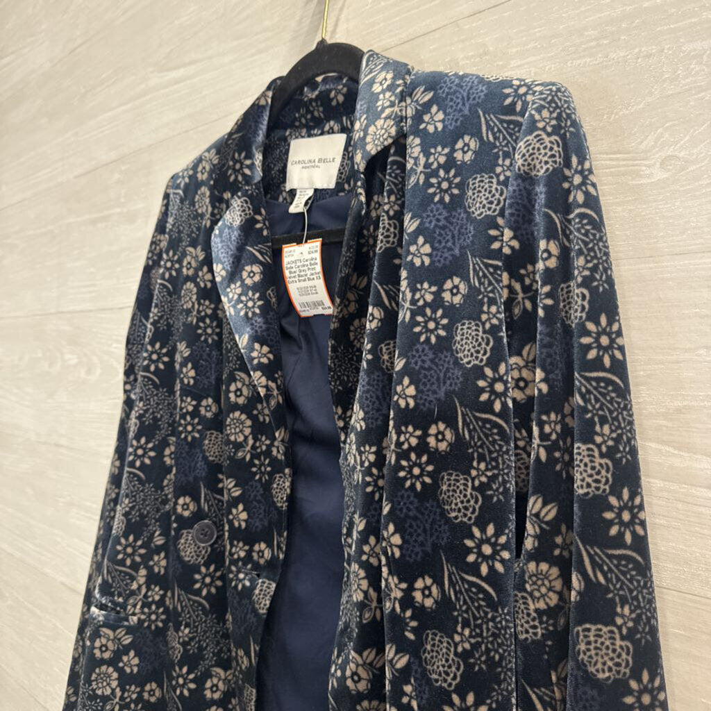 Carolina Belle Blue/ Grey Print Velvet Blazer Jacket Extra Small
