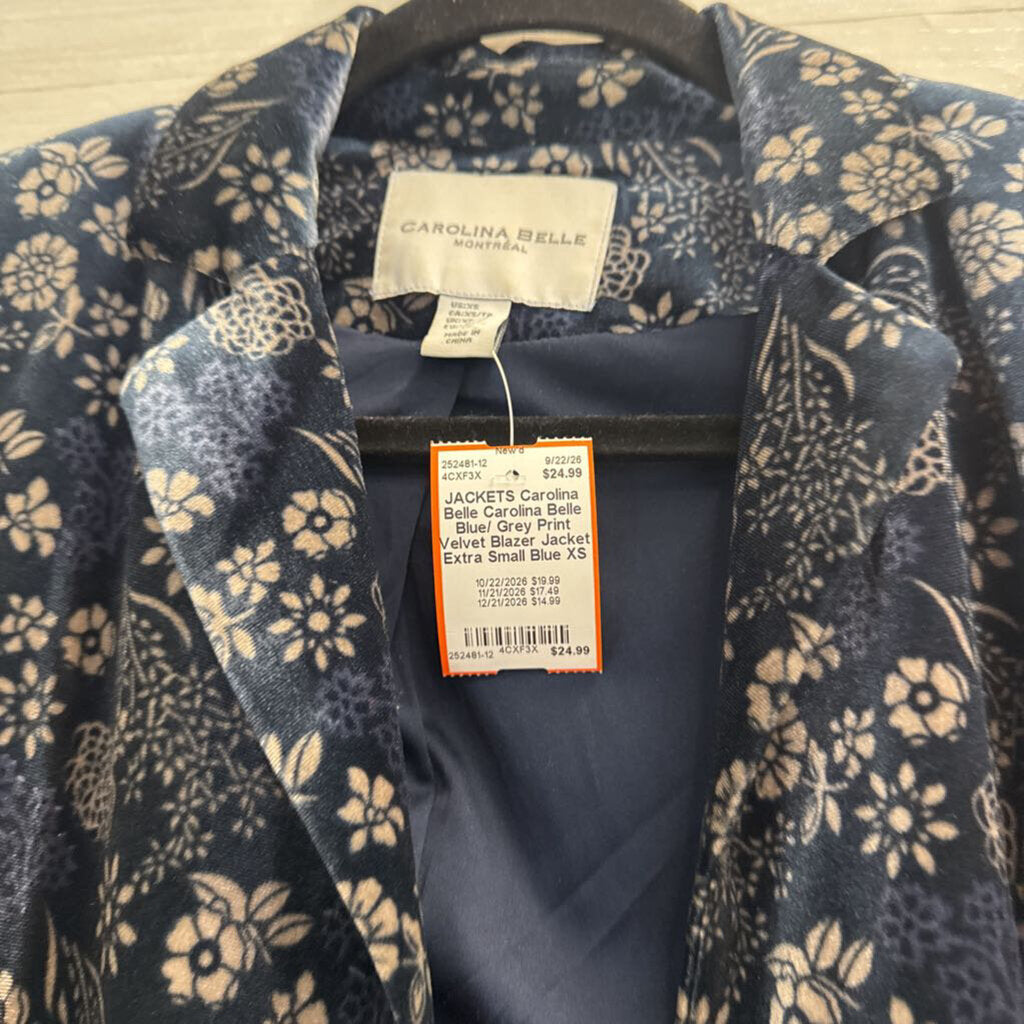 Carolina Belle Blue/ Grey Print Velvet Blazer Jacket Extra Small