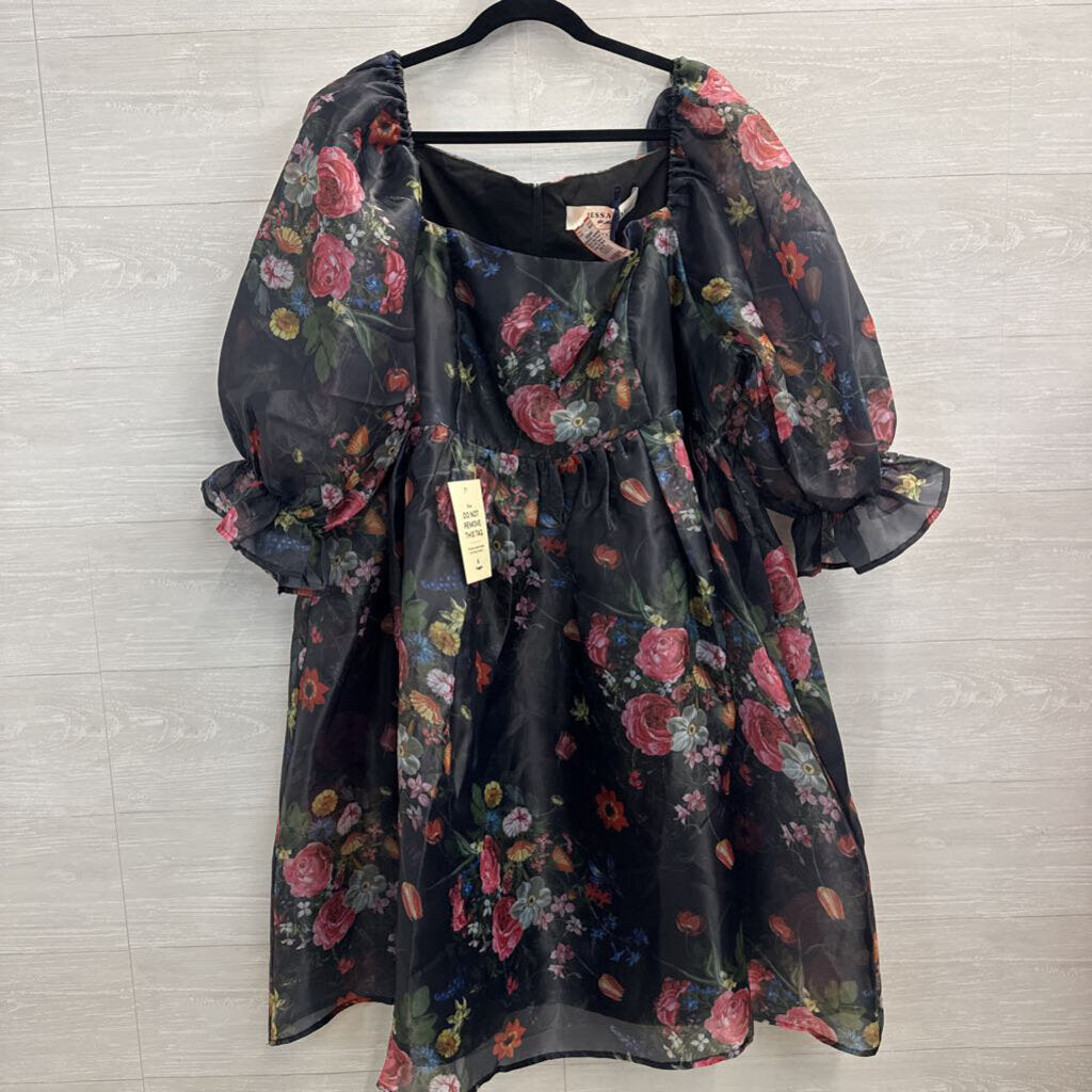 Jessakae Black/ Multi Floral Print Puff Sleeve Dress 3X