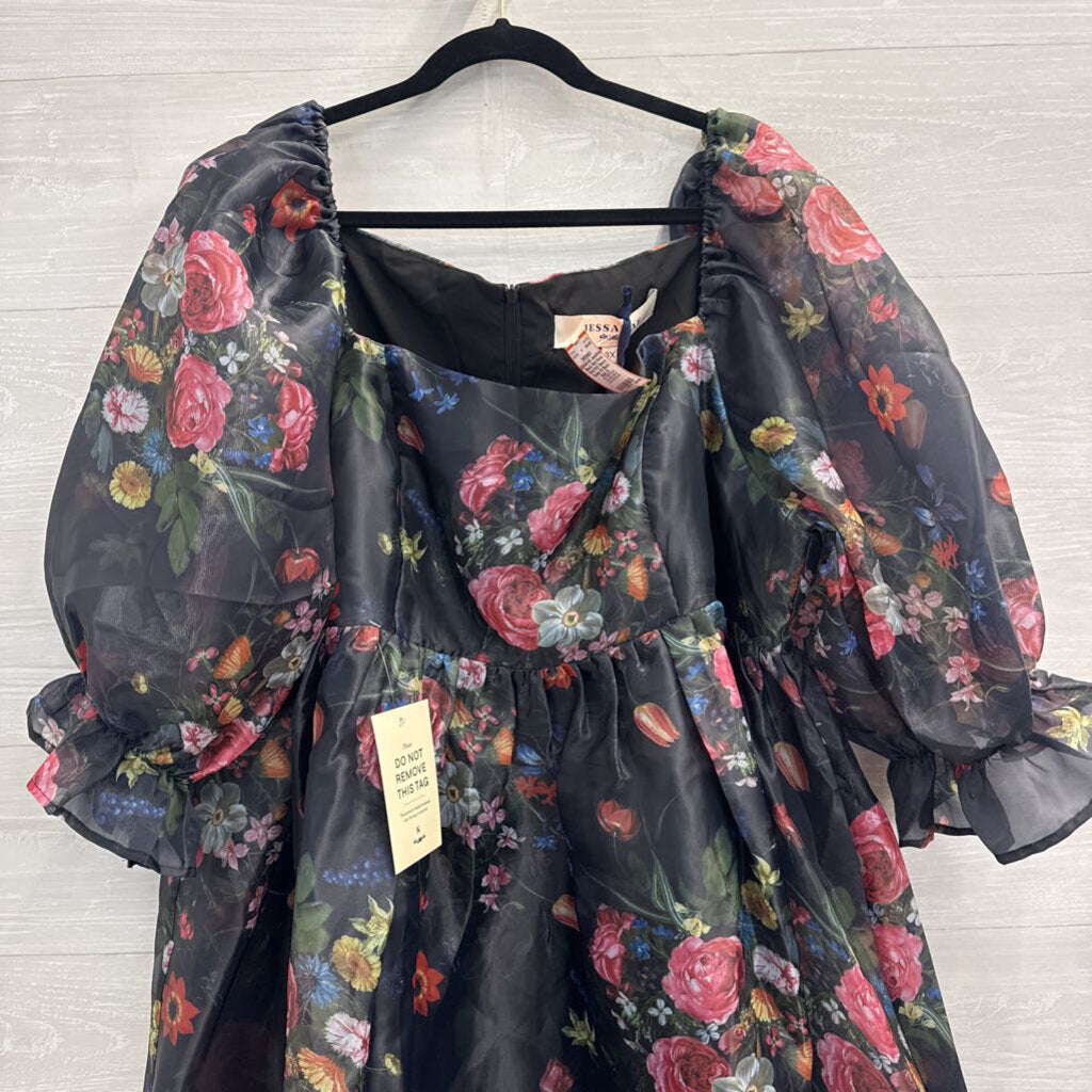 Jessakae Black/ Multi Floral Print Puff Sleeve Dress 3X