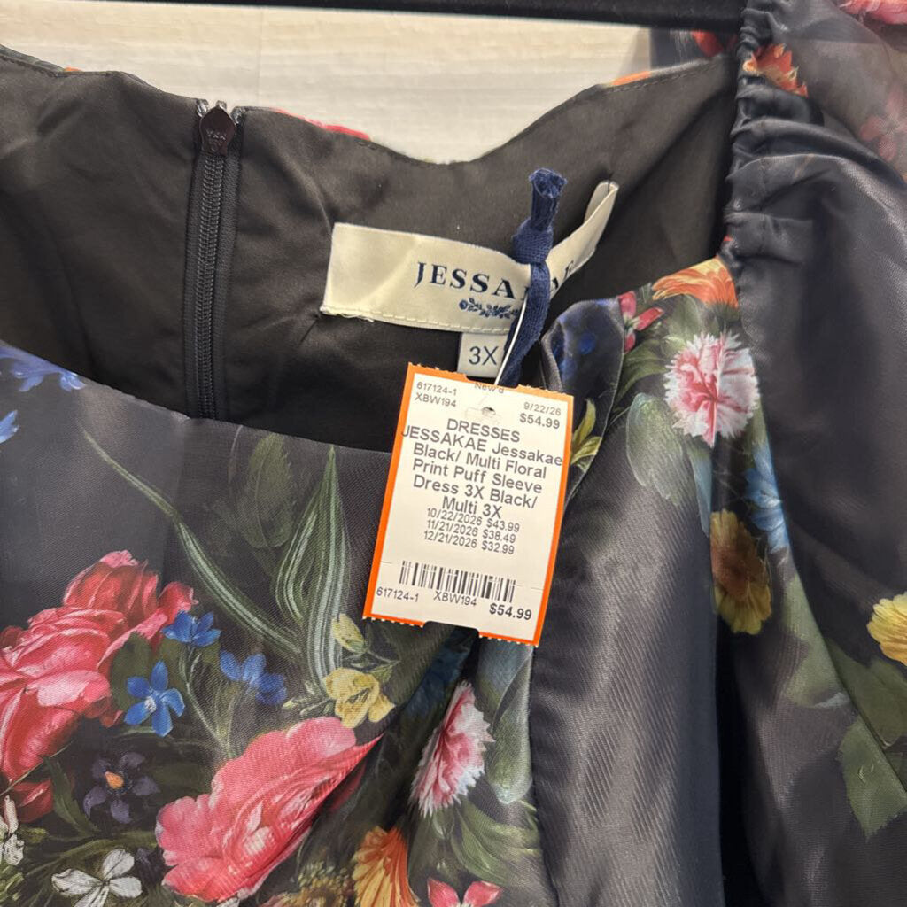 Jessakae Black/ Multi Floral Print Puff Sleeve Dress 3X