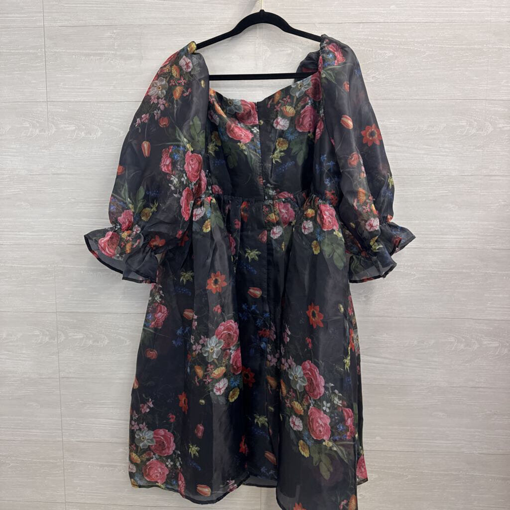 Jessakae Black/ Multi Floral Print Puff Sleeve Dress 3X
