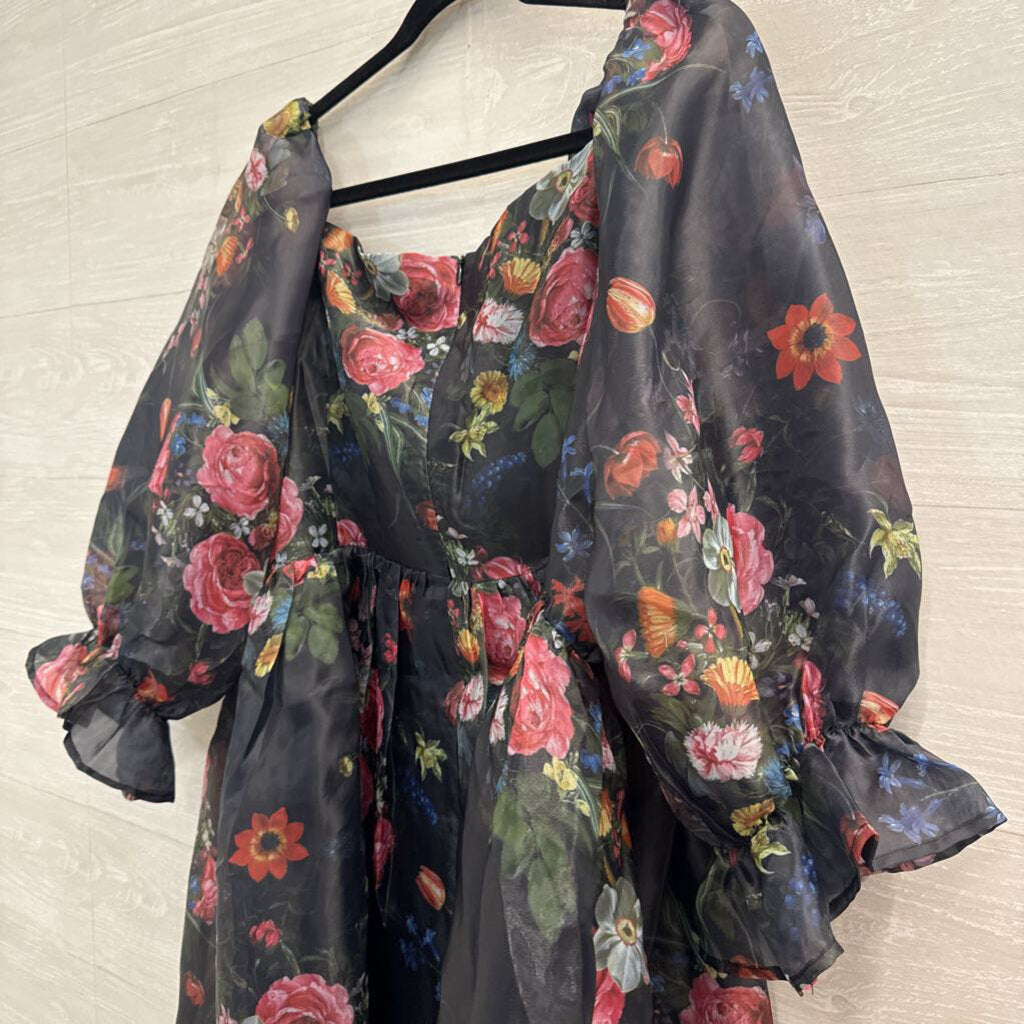 Jessakae Black/ Multi Floral Print Puff Sleeve Dress 3X