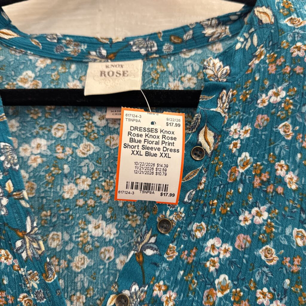 Knox Rose Blue Floral Print Short Sleeve Dress XXL
