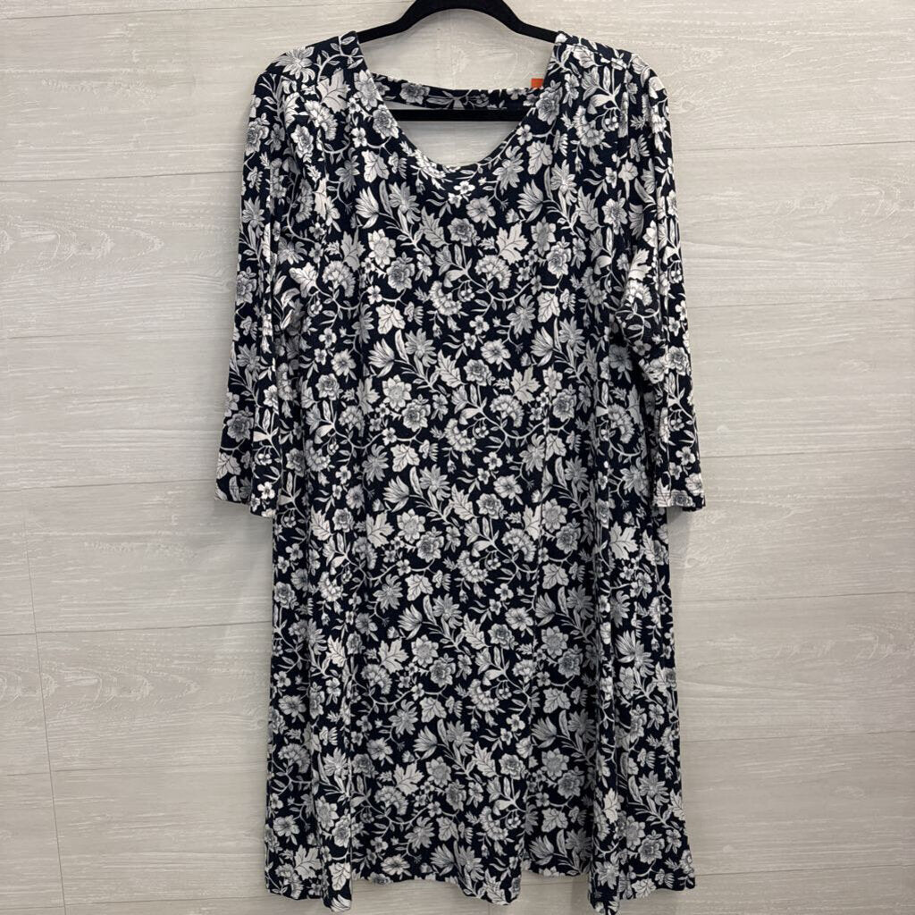 Loft Navy/ White Print Long Sleeve Dress Extra Large