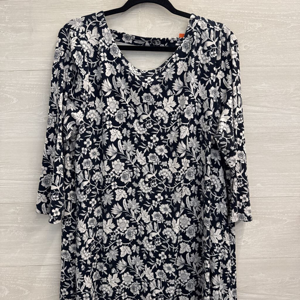 Loft Navy/ White Print Long Sleeve Dress Extra Large