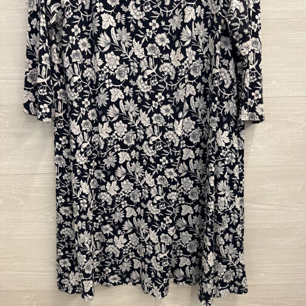 Loft Navy/ White Print Long Sleeve Dress Extra Large