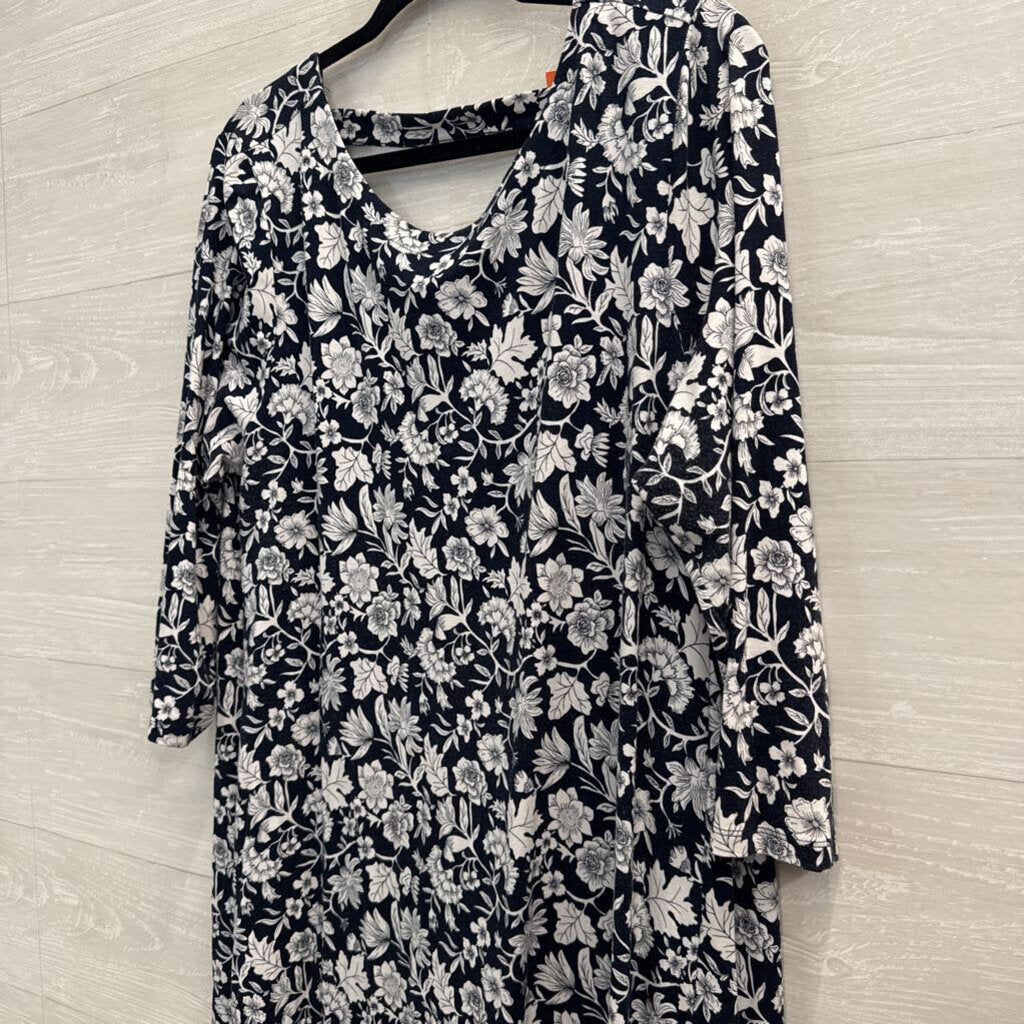 Loft Navy/ White Print Long Sleeve Dress Extra Large