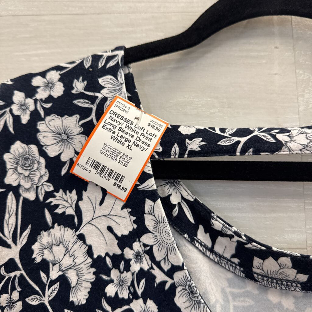Loft Navy/ White Print Long Sleeve Dress Extra Large