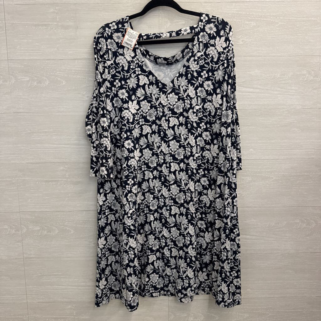 Loft Navy/ White Print Long Sleeve Dress Extra Large