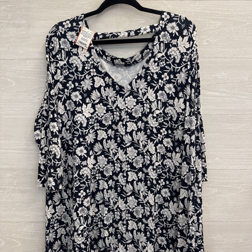 Loft Navy/ White Print Long Sleeve Dress Extra Large