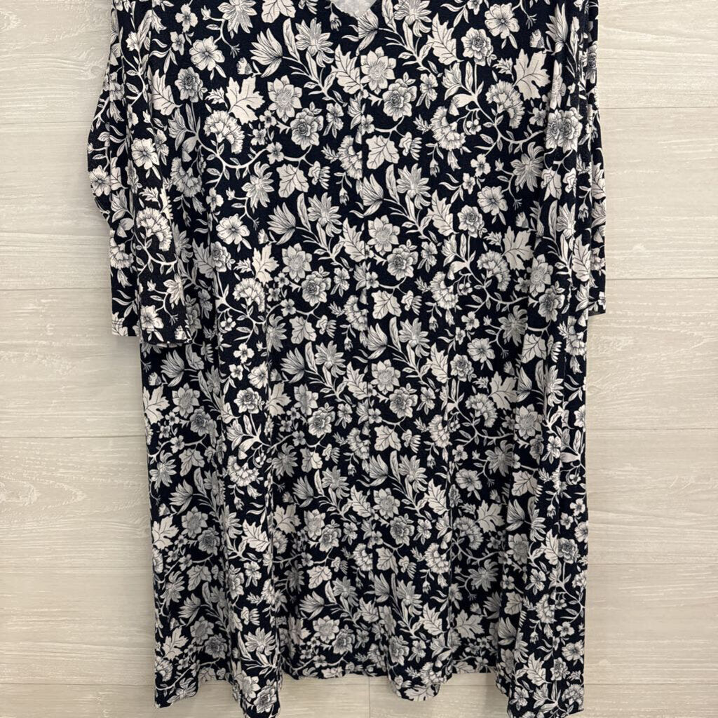 Loft Navy/ White Print Long Sleeve Dress Extra Large