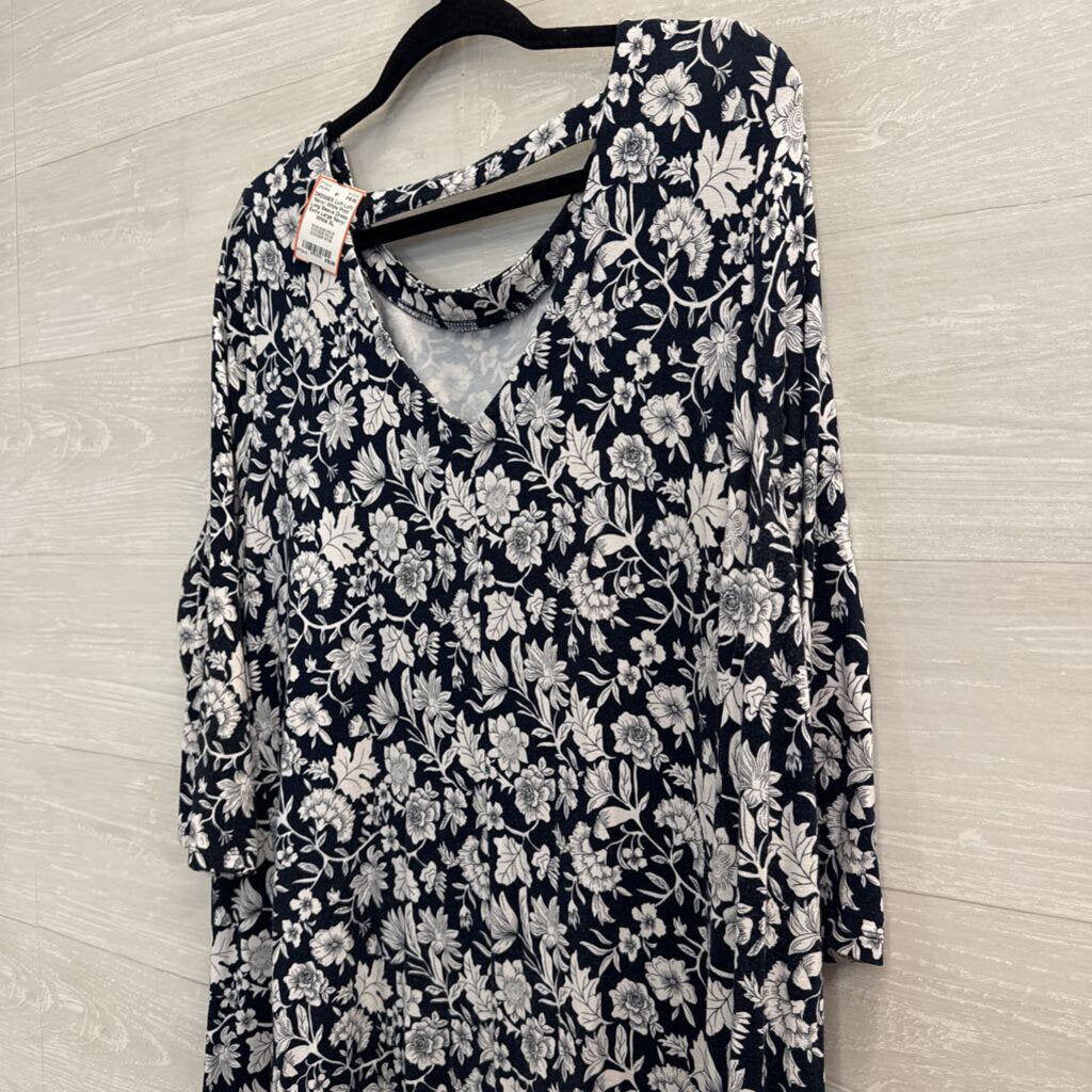 Loft Navy/ White Print Long Sleeve Dress Extra Large