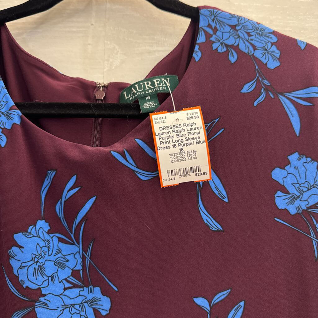 Ralph Lauren Purple/ Blue Floral Print Long Sleeve Dress 18
