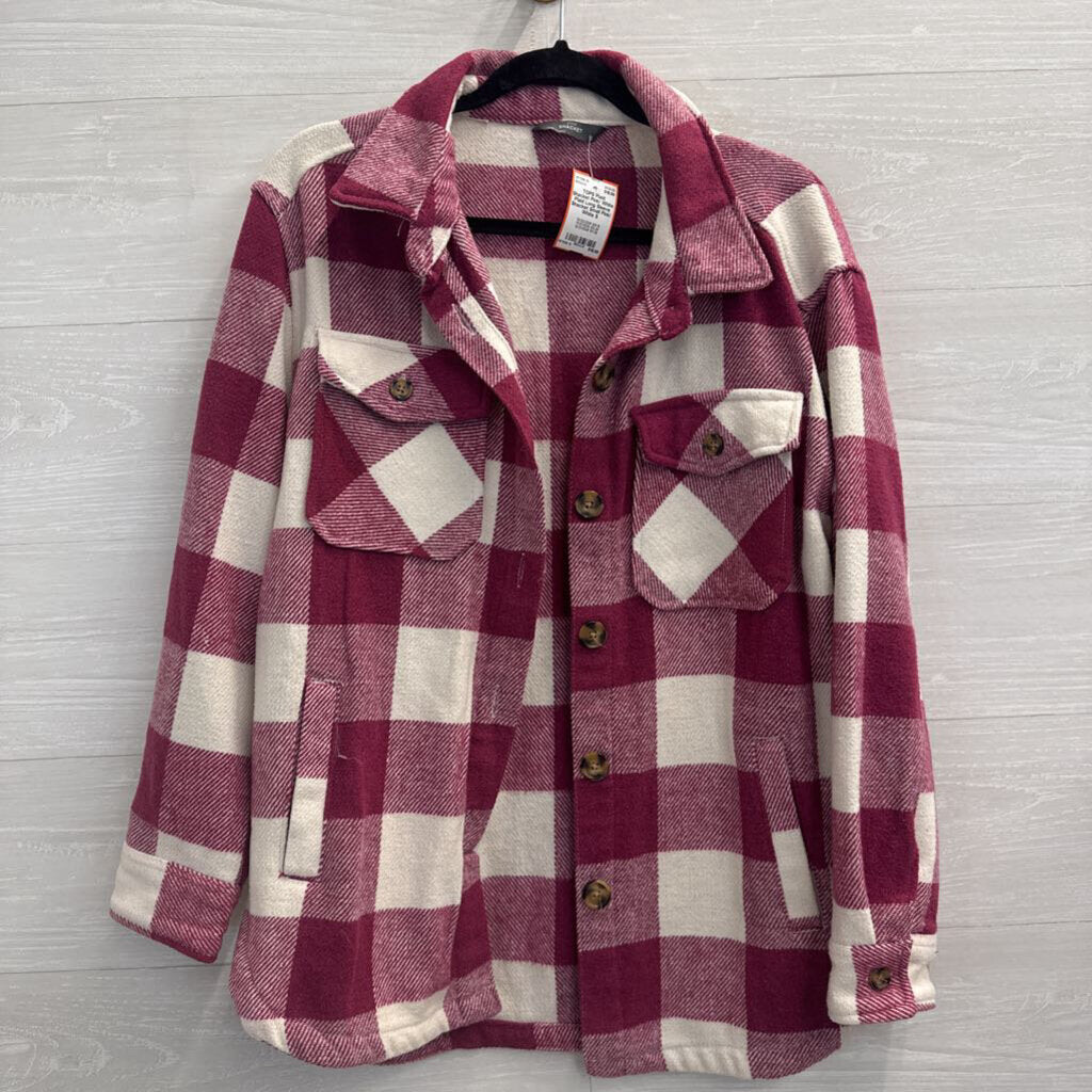 Pink/ White Plaid Long Sleeve Shacket Small