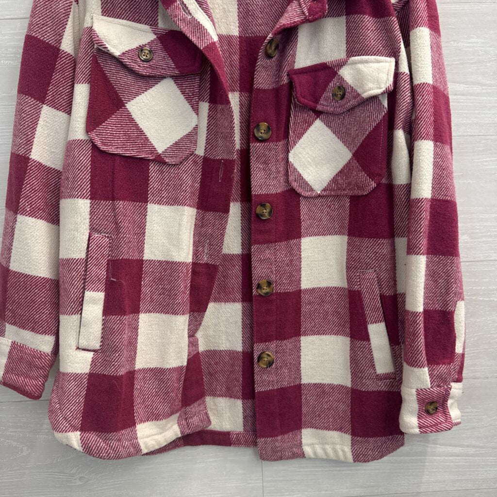 Pink/ White Plaid Long Sleeve Shacket Small