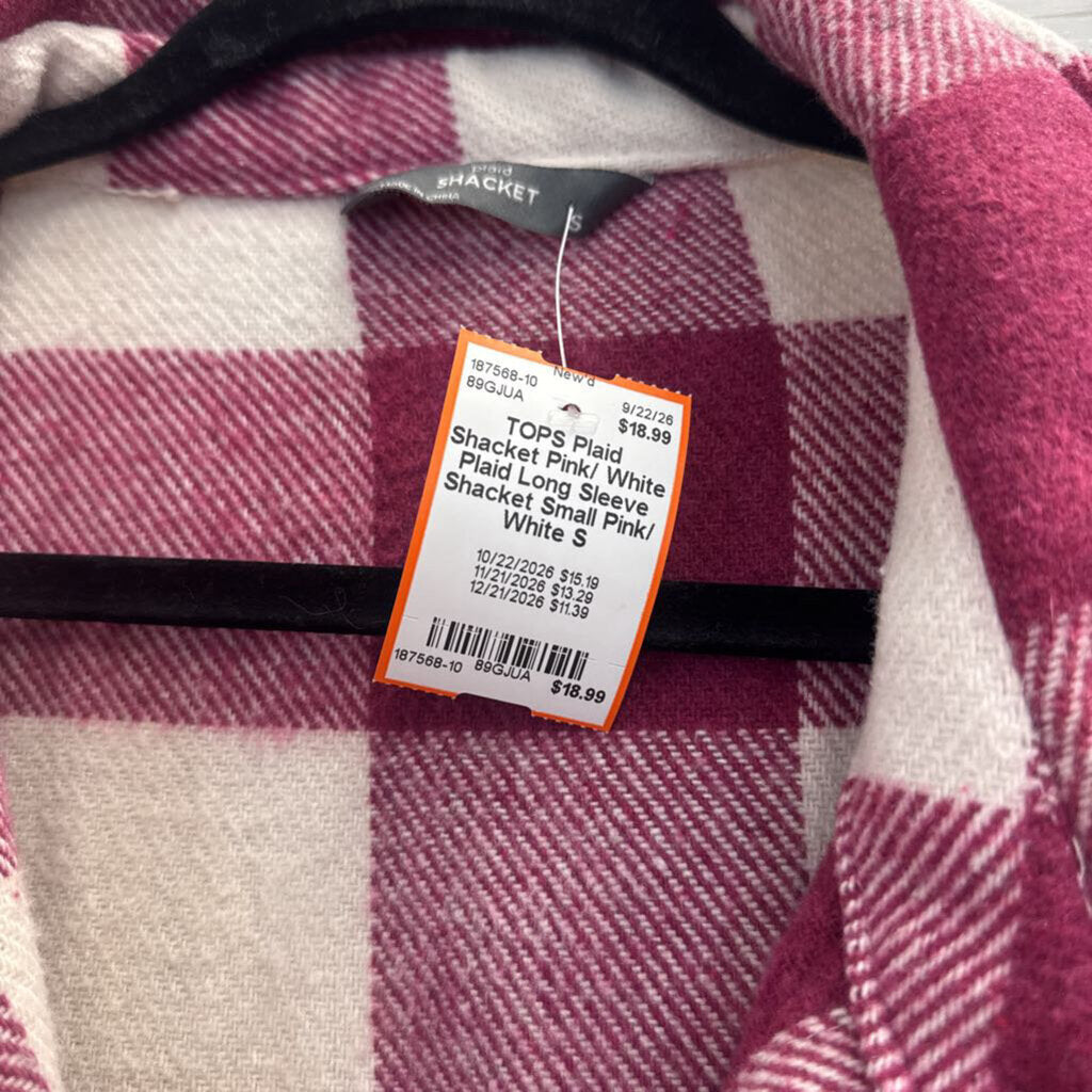 Pink/ White Plaid Long Sleeve Shacket Small