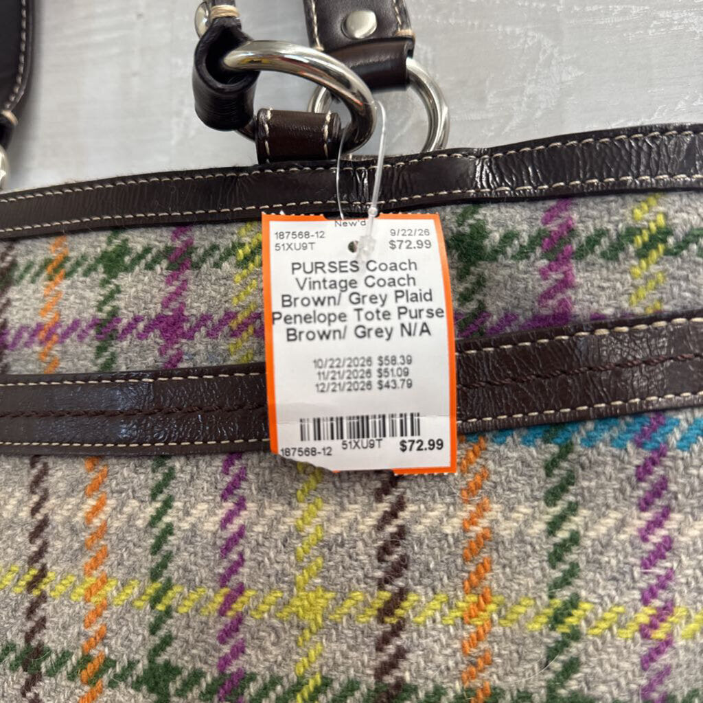 Vintage Coach Brown/ Grey Plaid Penelope Tote Purse