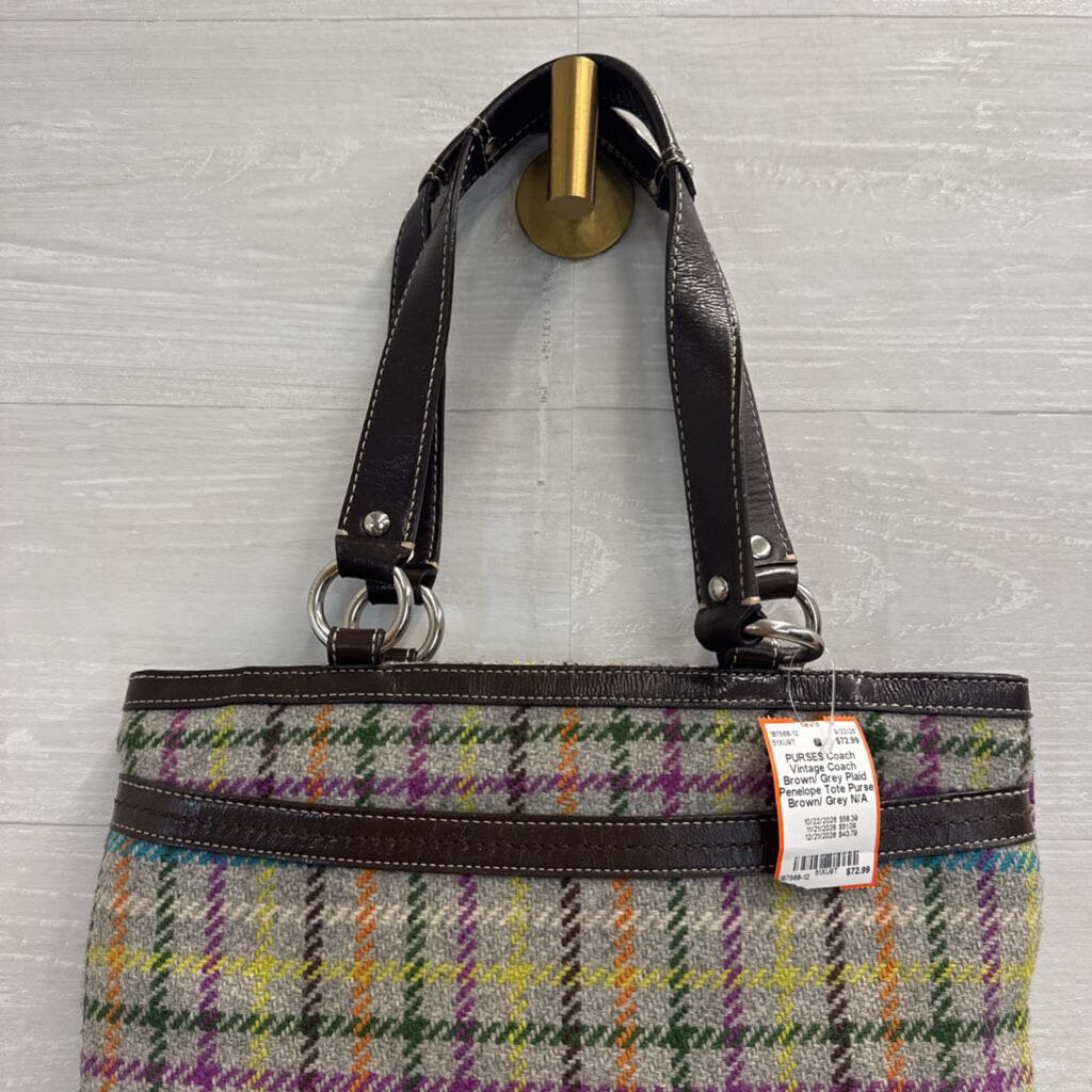 Vintage Coach Brown/ Grey Plaid Penelope Tote Purse