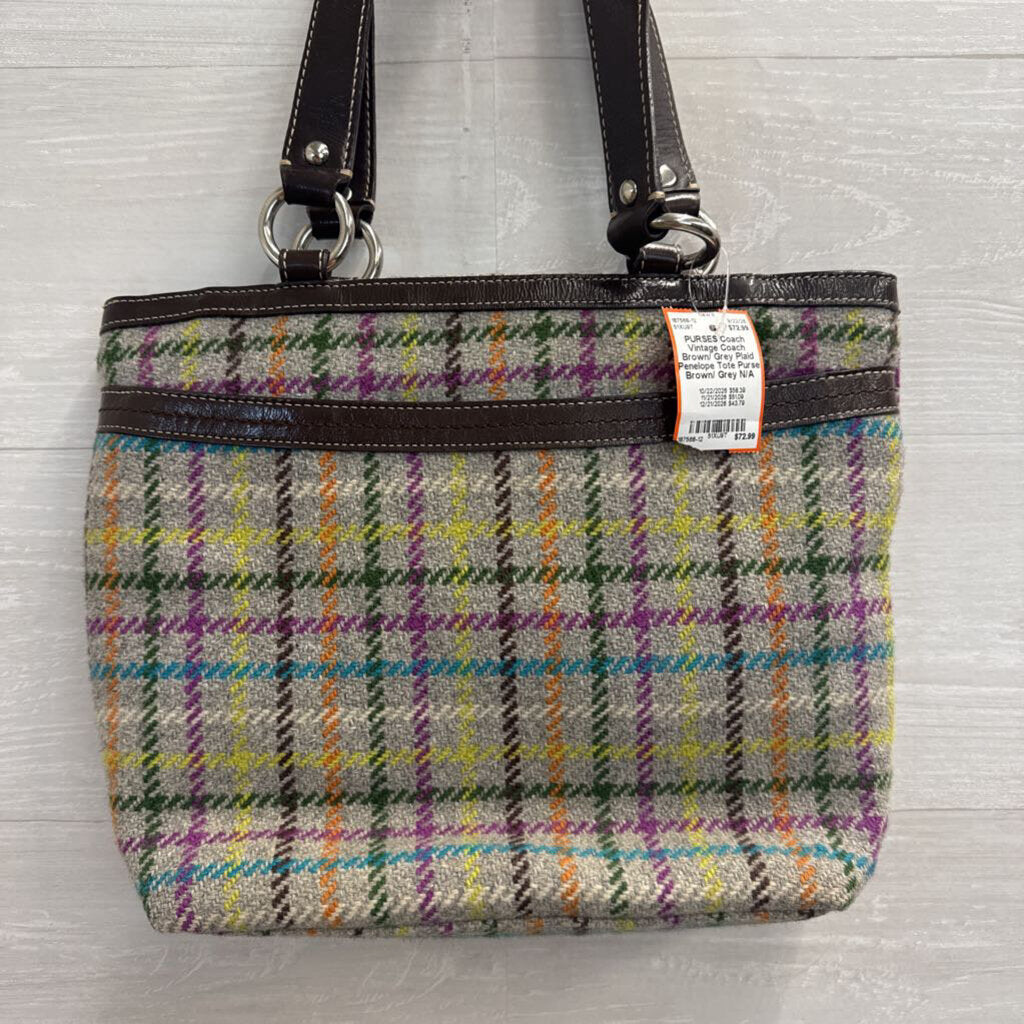 Vintage Coach Brown/ Grey Plaid Penelope Tote Purse