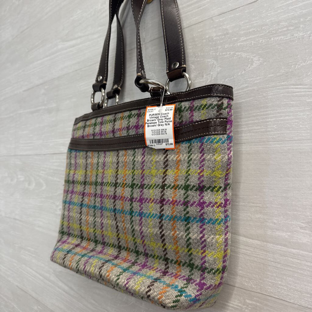 Vintage Coach Brown/ Grey Plaid Penelope Tote Purse
