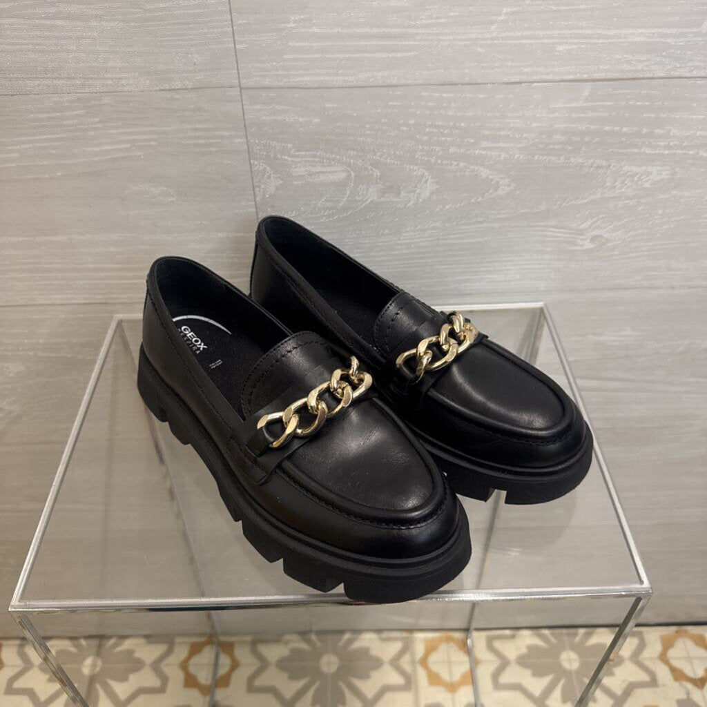 GEOX Black Chunky Gold Chain Loafers 38
