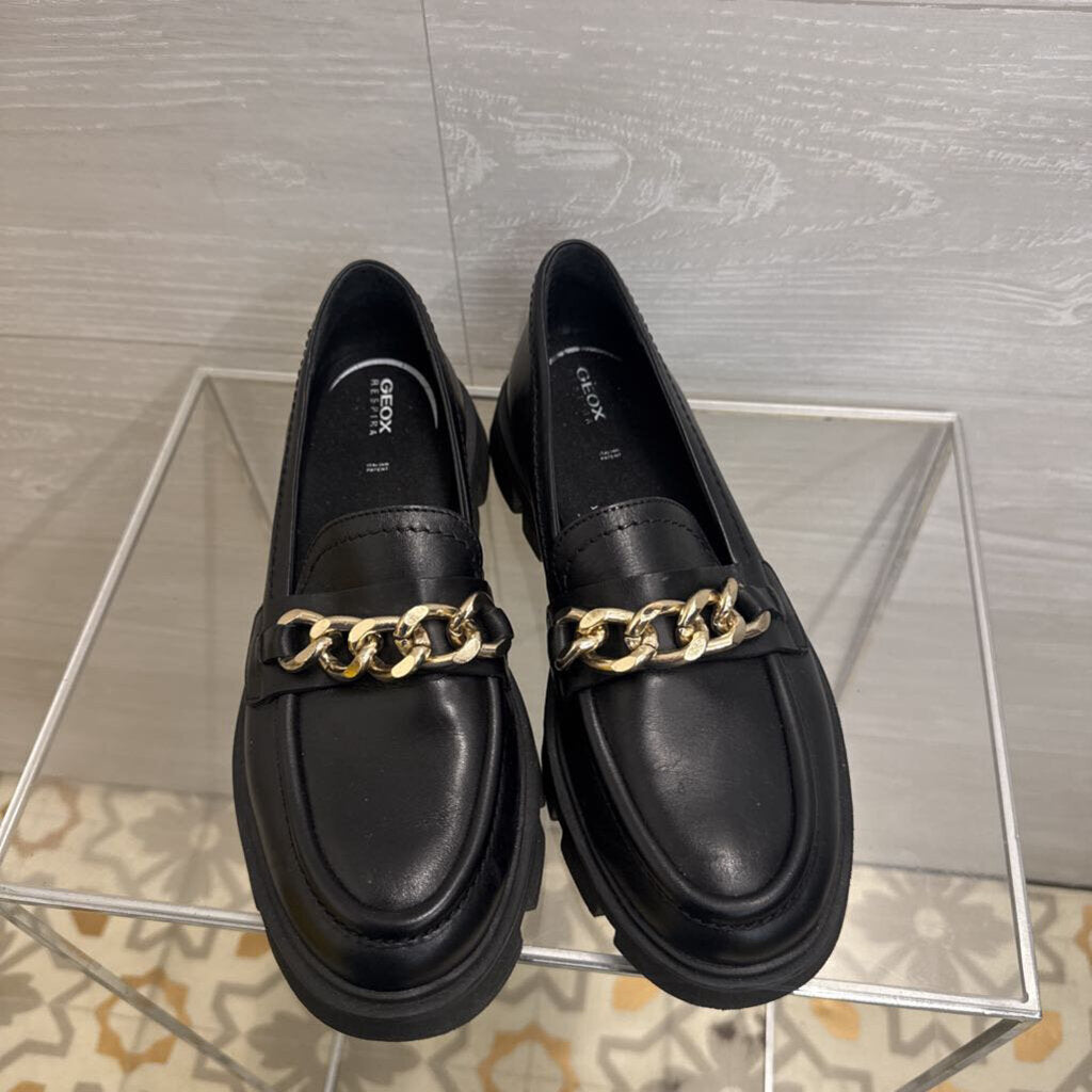 GEOX Black Chunky Gold Chain Loafers 38
