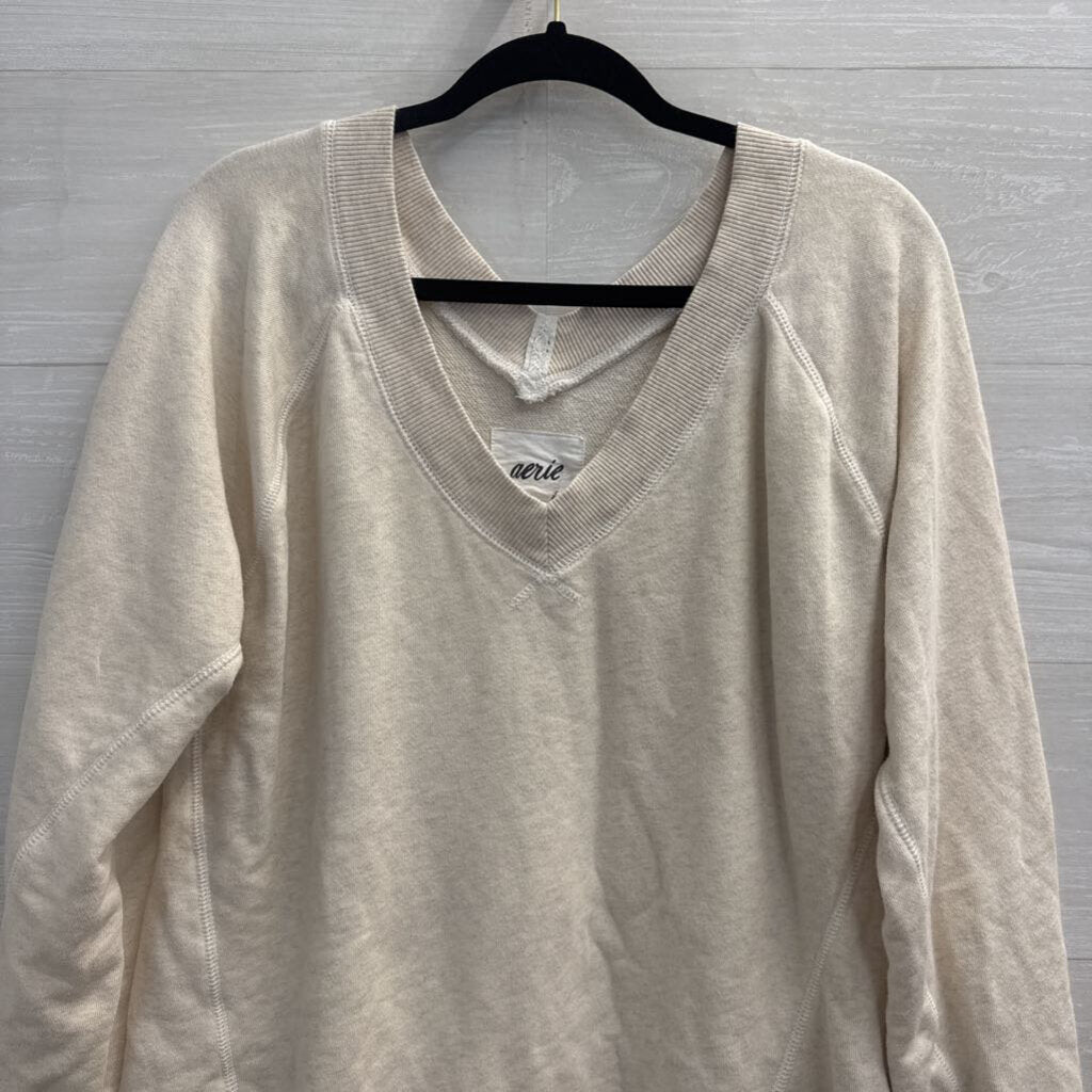 Aerie Beige V Neck Long Sleeve Slouchy Oversized Pullover Extra Small