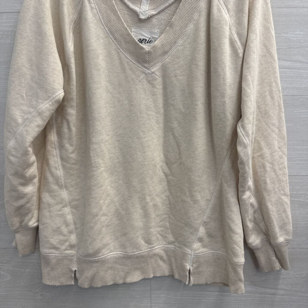 Aerie Beige V Neck Long Sleeve Slouchy Oversized Pullover Extra Small