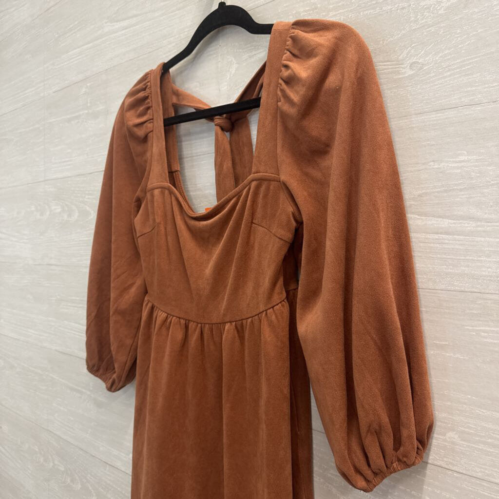 Flying Tomato Burnt Orange Soft Suede Long Puff Sleeve Dress Small