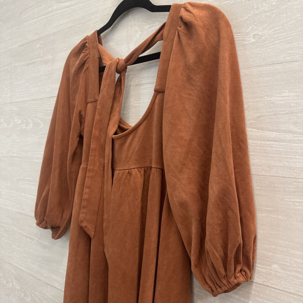 Flying Tomato Burnt Orange Soft Suede Long Puff Sleeve Dress Small