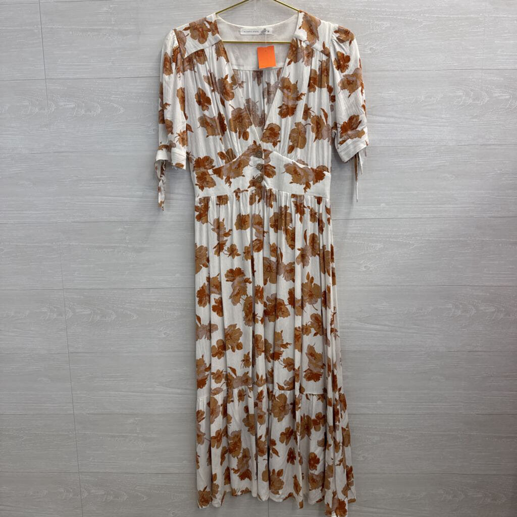 Altar'd State White/ Brown Floral Print Short Puff Sleeve Midi Dress Medium